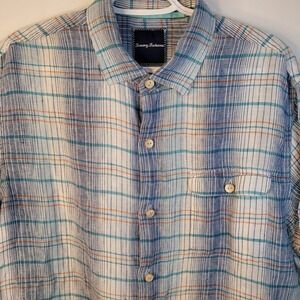 Tommy Bahama Mens 100% Linen Striped Shirt Size L Wooden Button Front Blue Orang